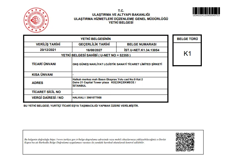 GNŞ Güneş Nakliyat Lojistik K1 yetki belgesi