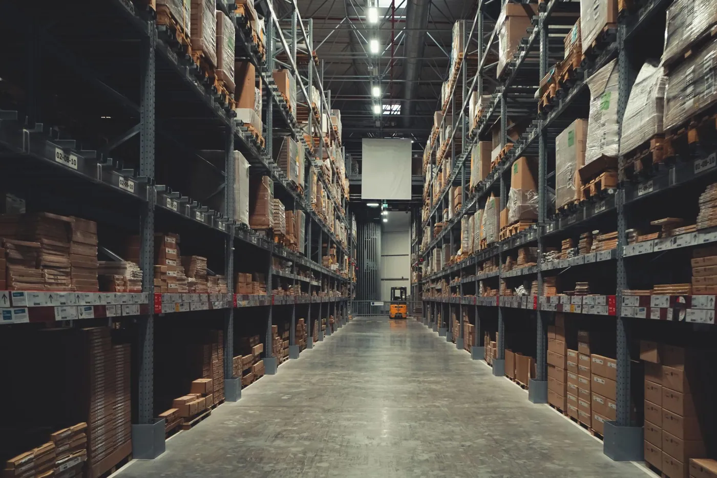 Paletli ürünlerin raflandığı depo koridoru ve sipariş toplama aracı
