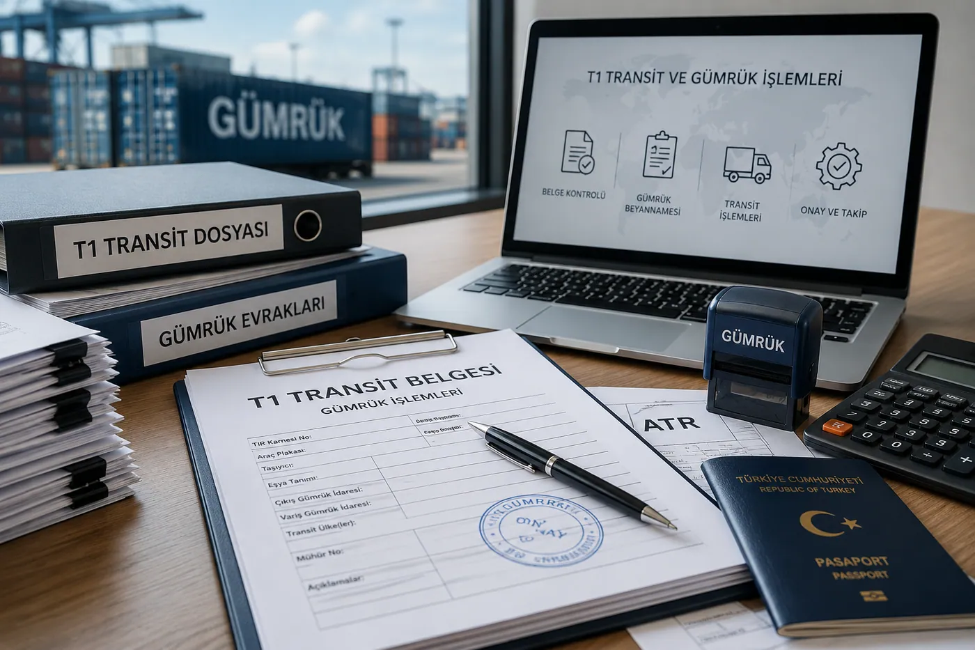 T1 transit belgesi, gümrük evrak dosyaları ve gümrük mührünün bulunduğu operasyon masası